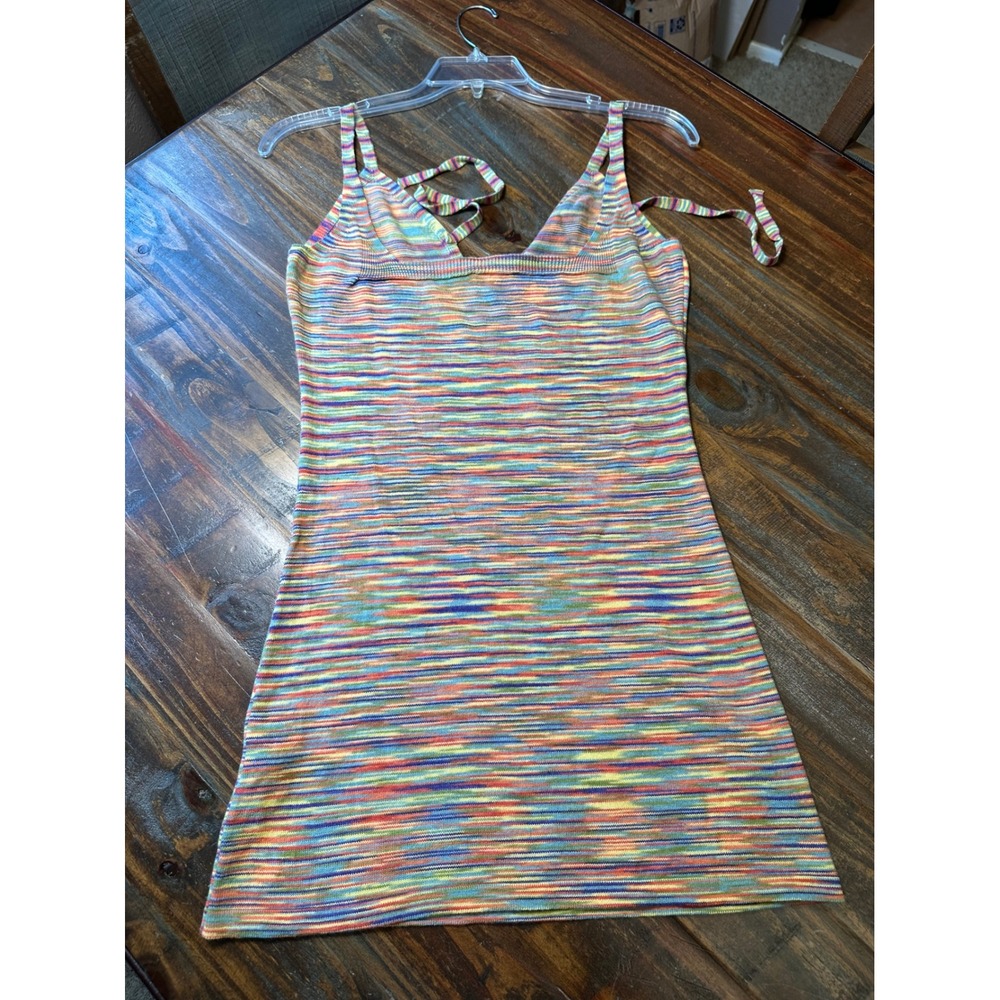 Boohoo Space Dye Tie Front Strappy‎ Knitted Dress Bright Yellow Multi US 6 NEW